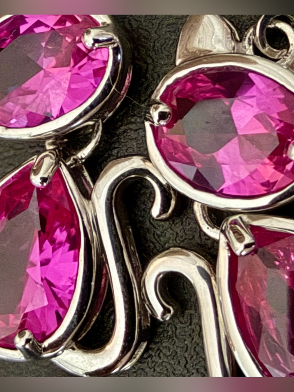 VINTAGE BBJ STERLING SILVER 925 PINK CRYSTAL FACETED CAT DANGLE EARRINGS 1.5"